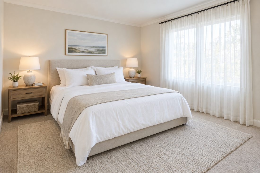 A bright bedroom with a made bed, photographed for a listing