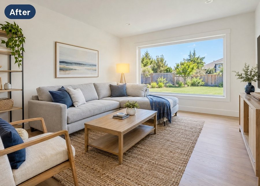 The same living room photo after editing, bright and straight, with the lamp on