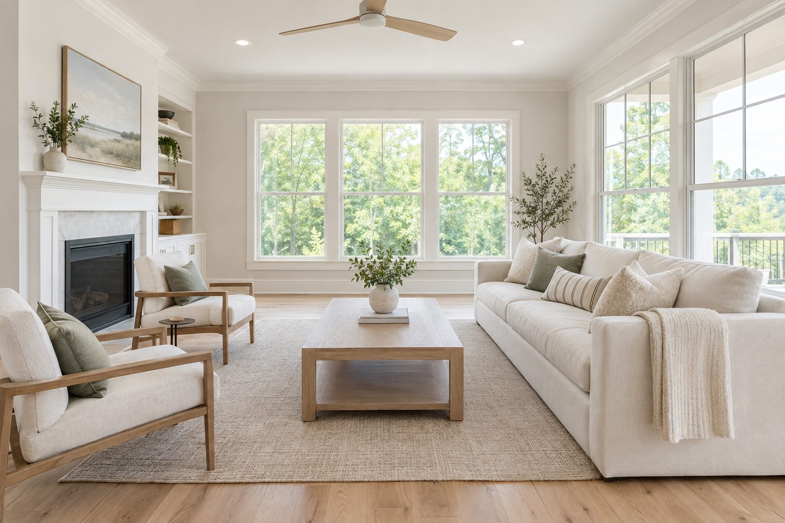 A bright, tidy living room photographed from a corner so three walls show