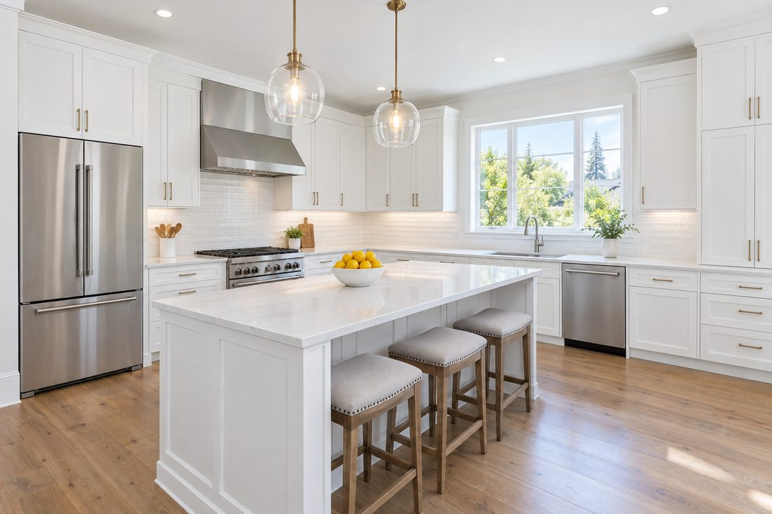 A clean kitchen with clear countertops, ready for photos
